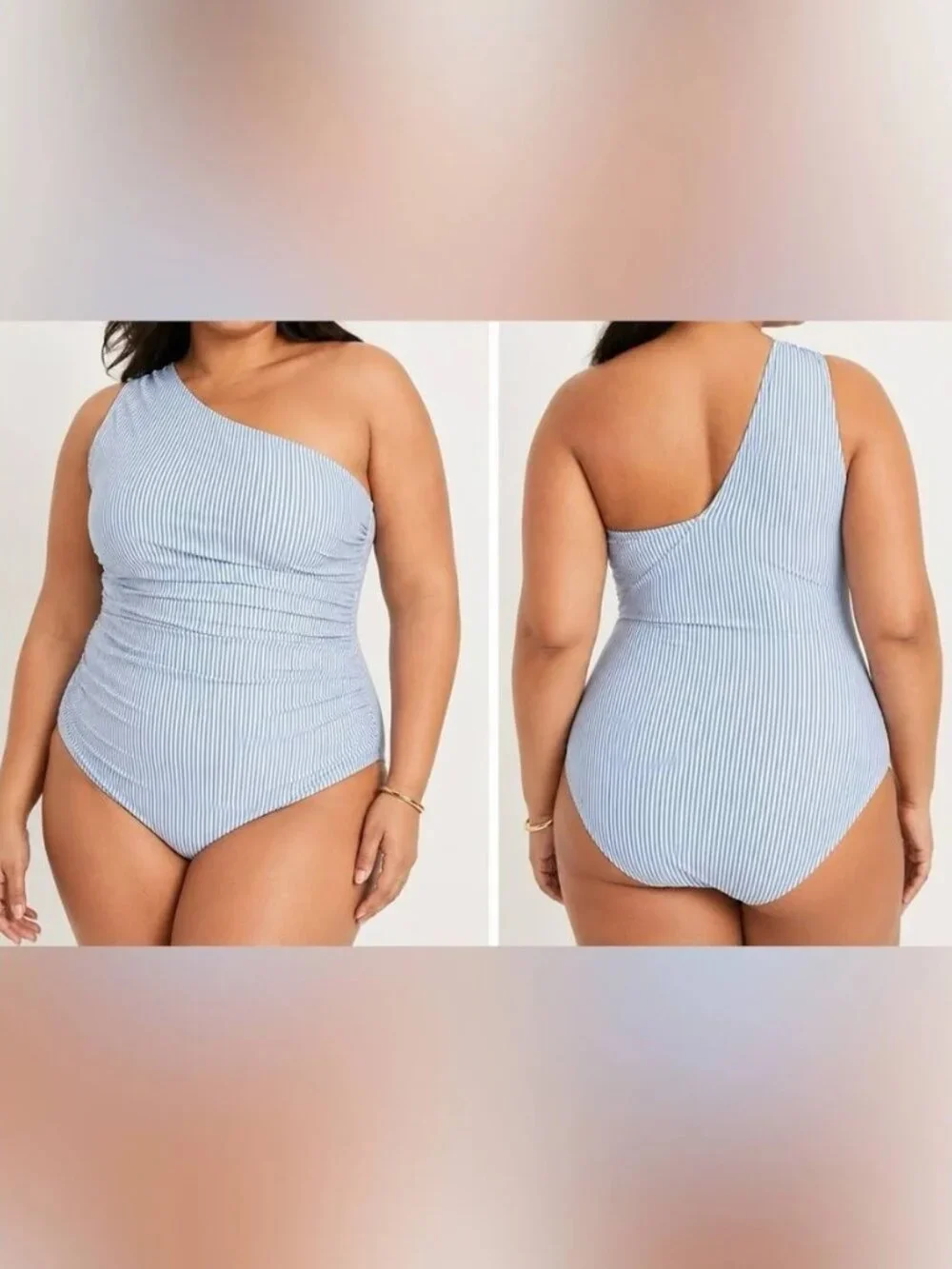 J. Crew Ruched One-Shoulder One-Piece Swimsuit in Seersucker Stripe size 24 NWT